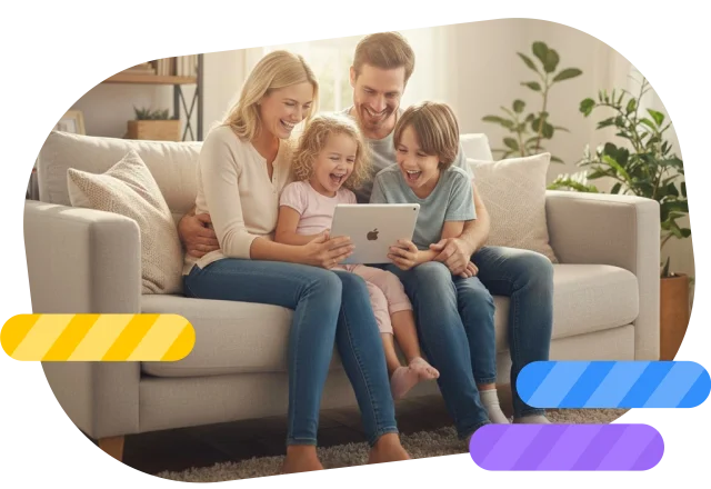 Family playing and learning together with Smart Tales on a tablet.