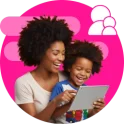 Mum and child doing educational activities on a tablet together.