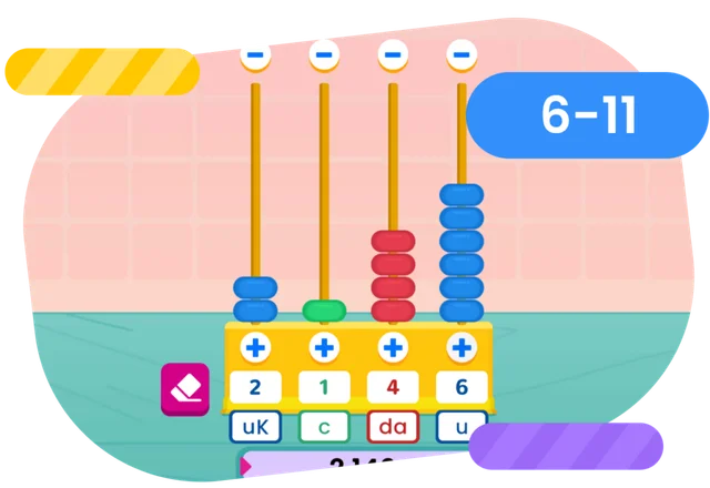 Girl playing an educational Smart Tales Elementary game on a tablet.