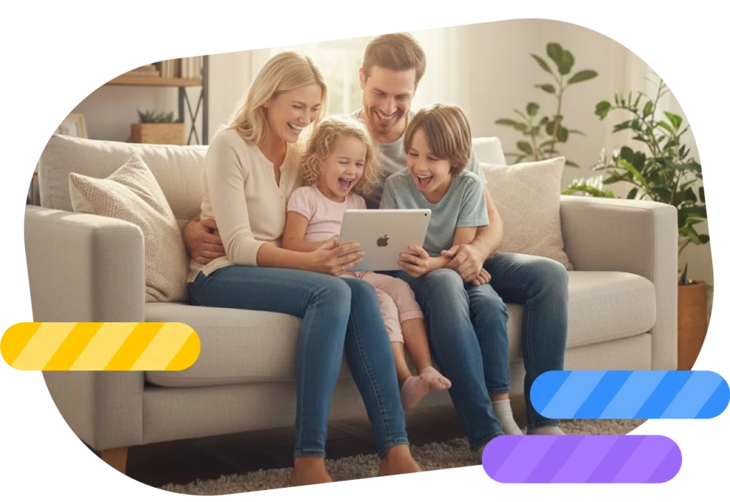 Family enjoying quality time together, playing on a tablet