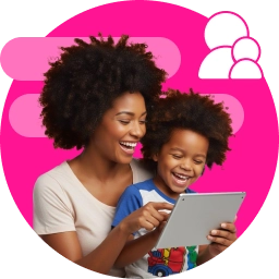 Mother and child enjoying educational activities on a tablet together.