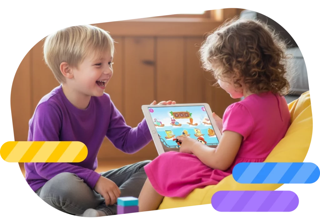Two children playing an educational game on a tablet.