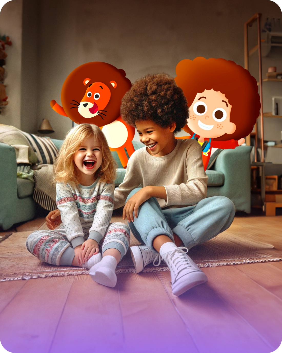 Two children playing and smiling with animated Smart Tales characters in the background.