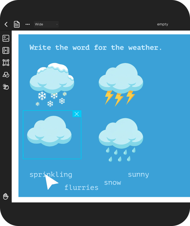 Interactive educational game created with Zencreate to match weather icons with corresponding words.