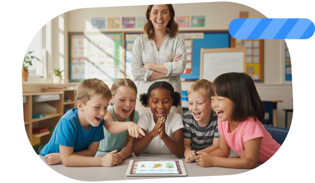 Children playing an educational Smart Tales game on tablets with the teacher in the classroom.