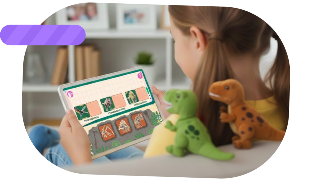 Girl playing an educational Smart Tales Elementary game about fossils on a tablet.