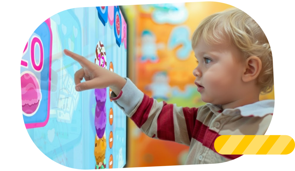 Child interacting with an educational touchscreen game, suitable for early learning (ages 3-5).Child interacting with an educational touchscreen game, suitable for early learning (ages 3-5).
